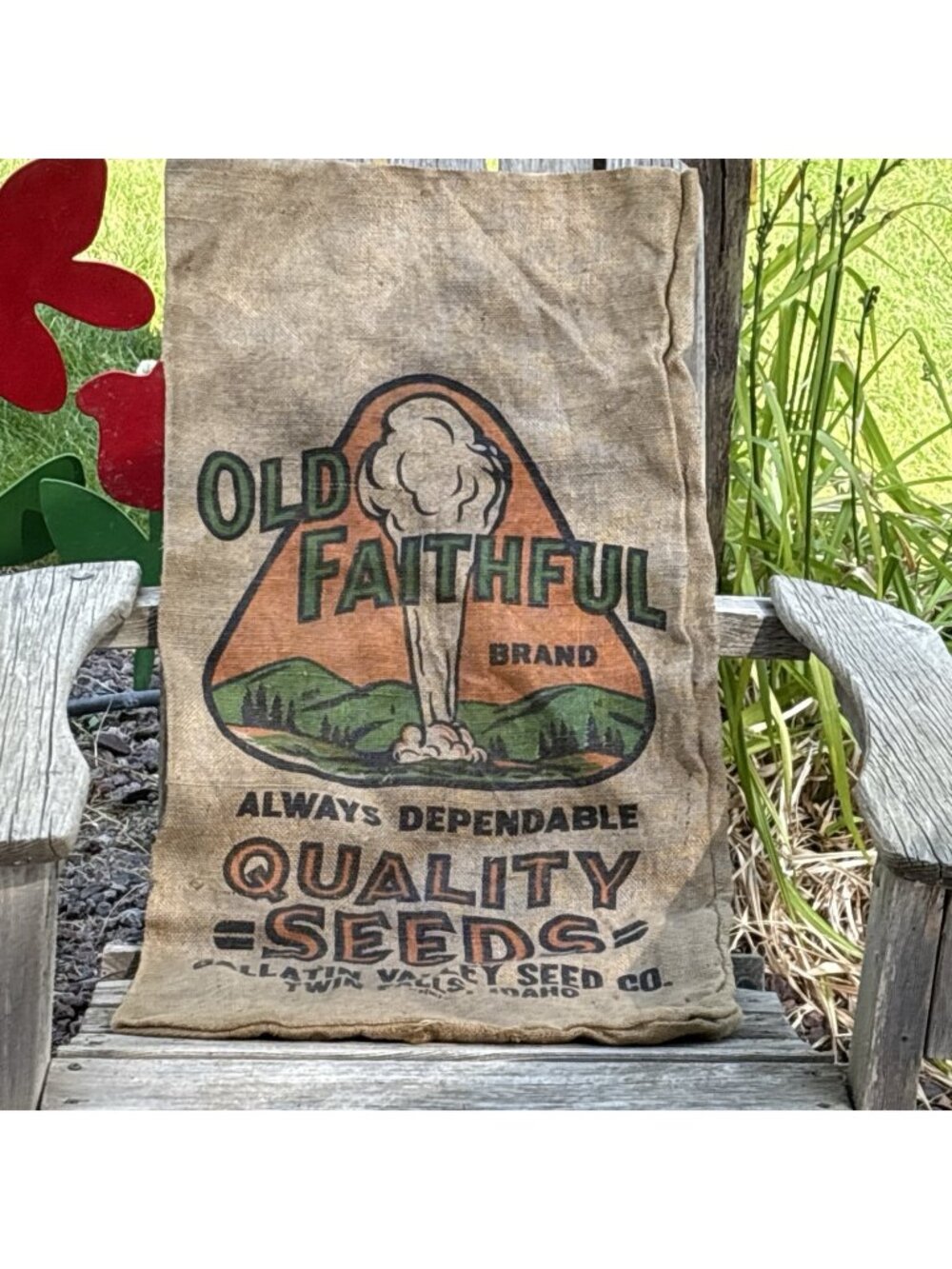Vtg Old Faithful Seed Co Burlap Bag Gallatin Valley Twin Falls ID 40lb Sack
